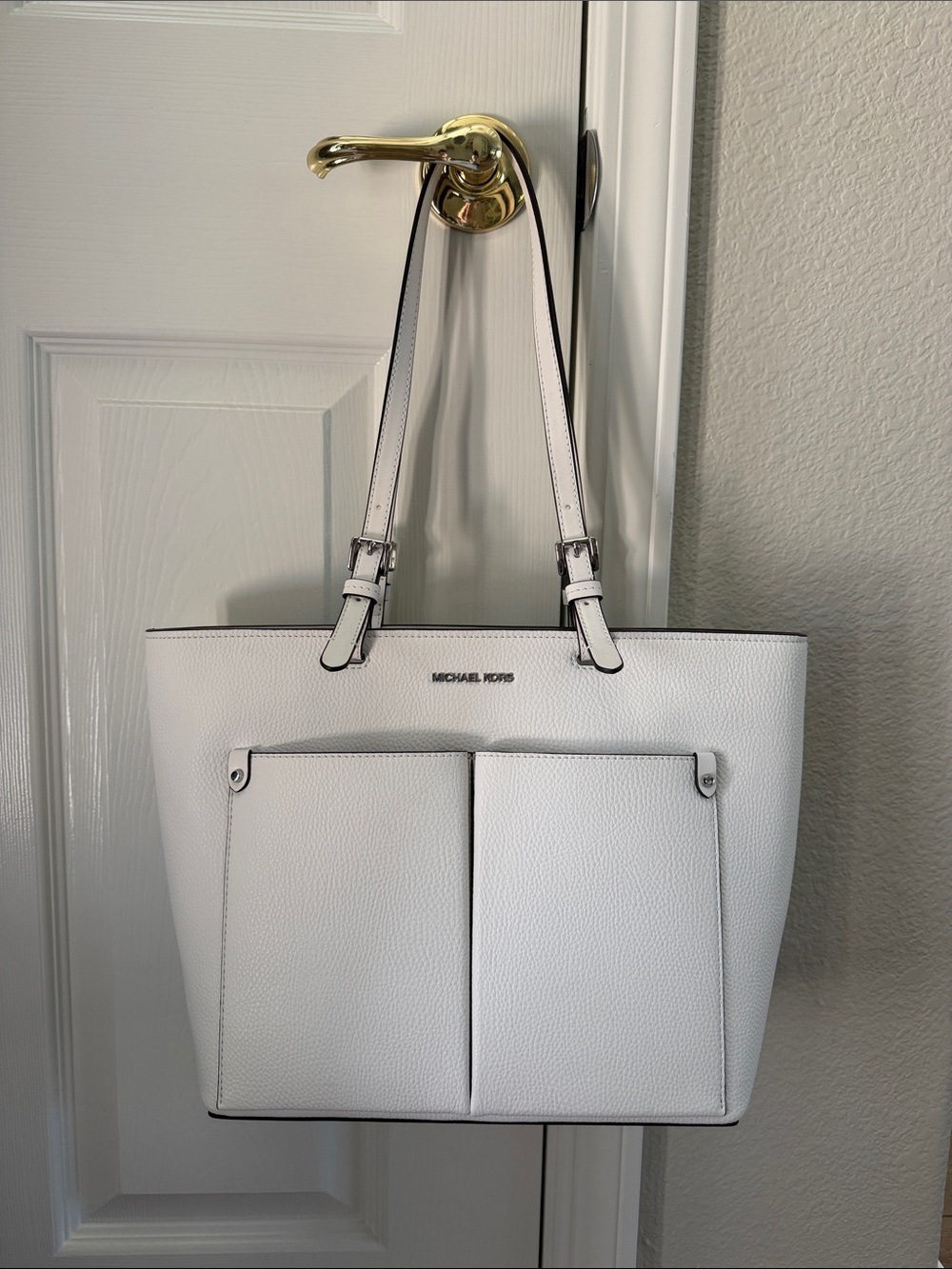 Michael Kors White Pebbled Leather Tote with Front Pockets